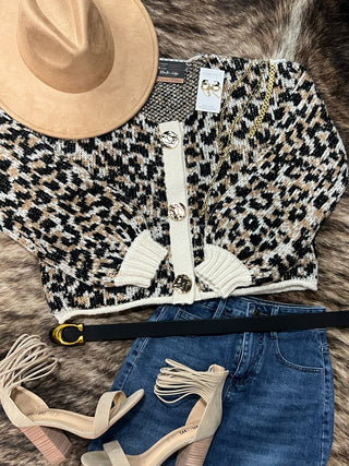 Scoop Neck Leopard Gold Buttons Cardigan