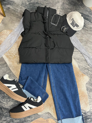 Black flutter sleeve bow tie puffer vest