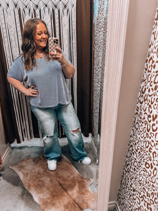 Blue Ribbed Striped Oversized Short Sleeve Top
