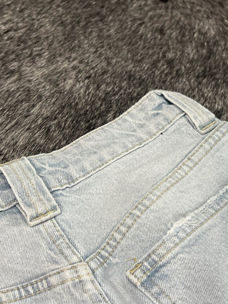 High Rise Patch Pocket Denim Shorts with Frayed Hem