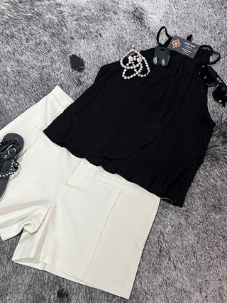Black Textured Halter Overlay Top