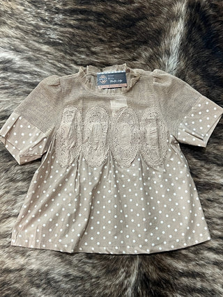 Polka Dot Print Lace Trim Short Sleeve Cotton Blouse Top