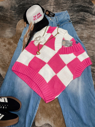 Pink checkered sweater vest