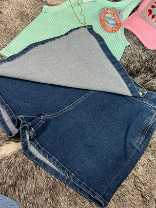 Stretch Denim Wrap Skort