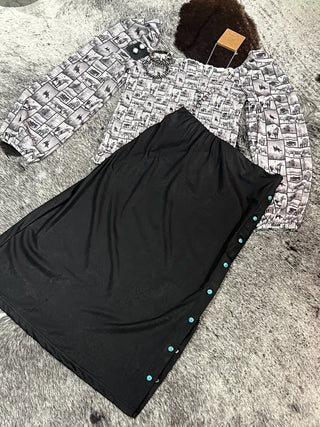 Black Leather Lux Adjustable Pearl Snap Midi Skirt