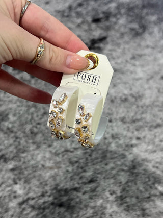 White Marble Crystal Stone Hoop Earrings