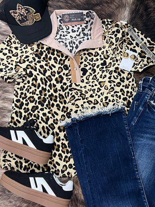 Mock Neck Half Band Button Down Leopard Top