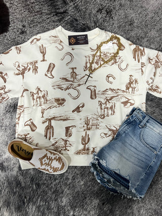 Western Drop Shoulder Short Sleeve Top