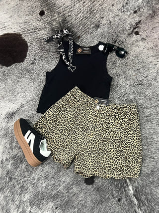 Mid Rise Leopard Twill Shorts with Scallop Hem
