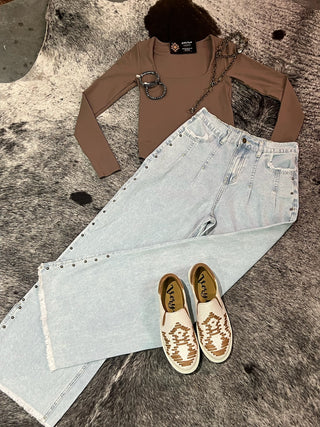Studded Side Detail Split Leg Frayed Wide Leg Jeans