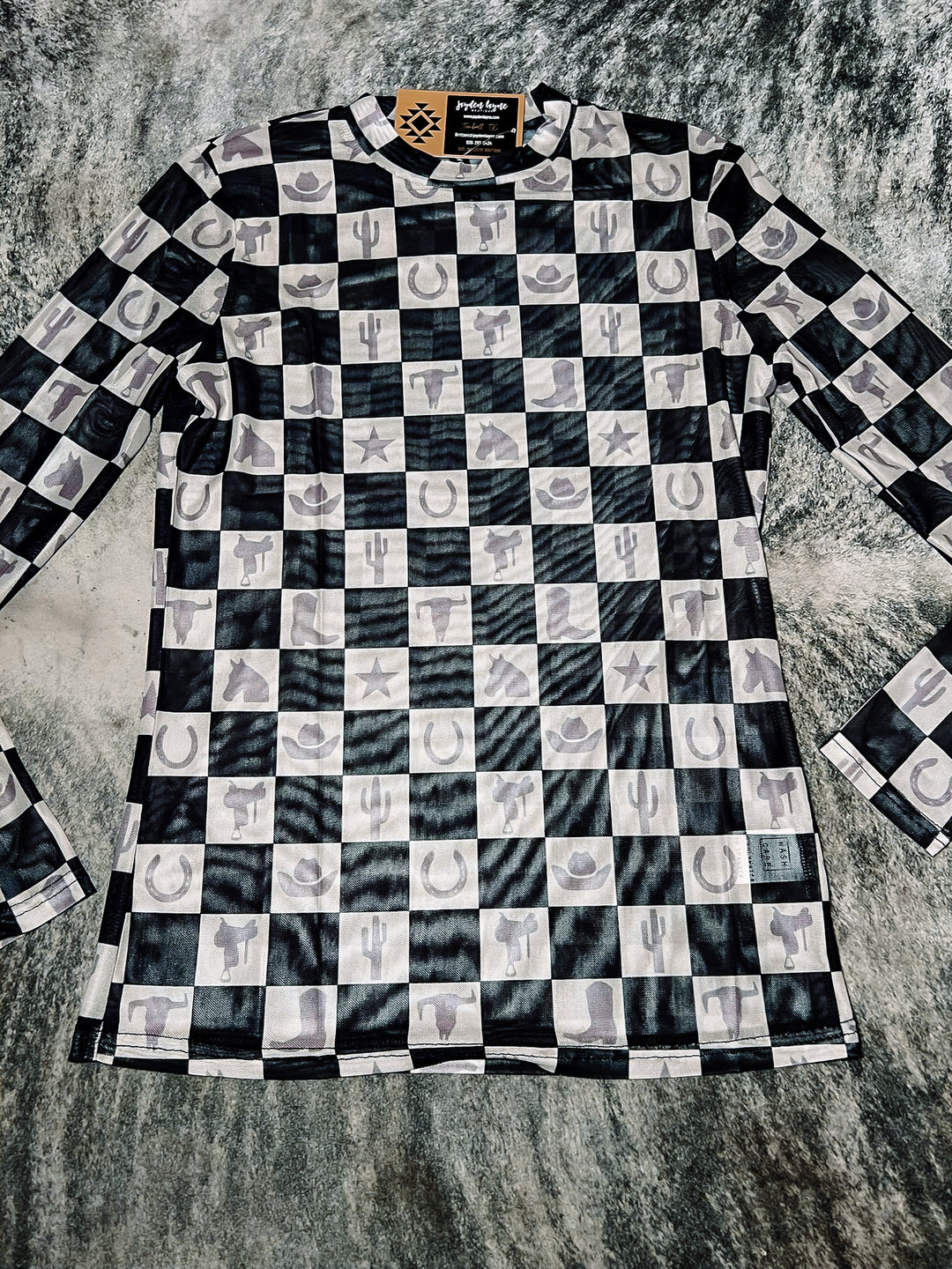 Western Checkered Sheer Long Sleeve Top