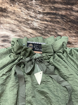 Olive satin look tie neck balloon sleeve top with ruffled neckline and gathered bubble hem, photo 3