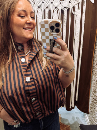 Stripe Gathered Yoke Puff Sleeve Button Down Top
