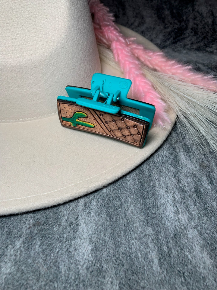 Turquoise Tooled Leather Claw Clip