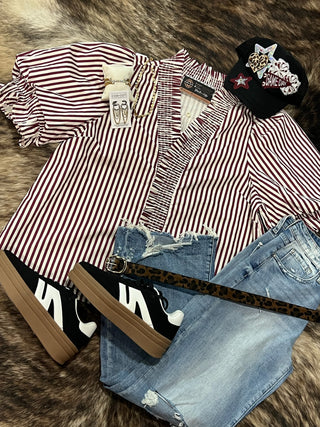 Plus Stripe Smocked V-Neck Puff Sleeve Top