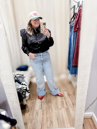 Black Puff Sleeve Pearl Snap Yoke Studded Shirt