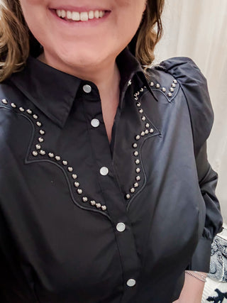 Black Puff Sleeve Pearl Snap Yoke Studded Shirt