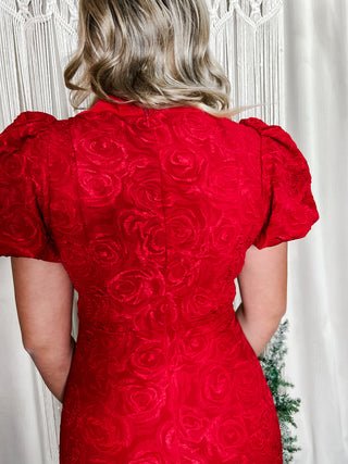 Red jacquard puff sleeve bow dress