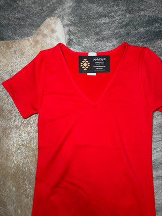 Seamless red v-neck short sleeve top