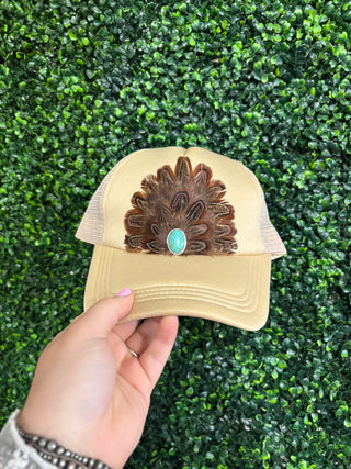 Tan custom feather trucker hat