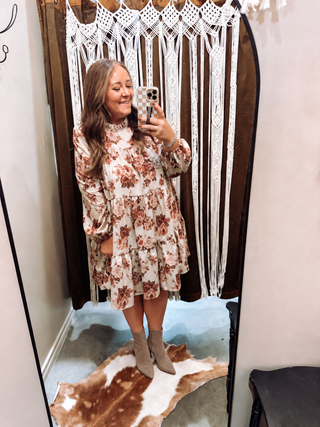 Taupe Frilled Mock Neck Puff Sleeve Tiered Knee-Length Dress
