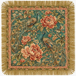 Peacock print fringed scarf flat lay with two peacocks and coral peonies on a teal ground