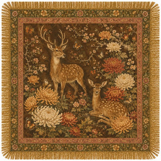 Deer print fringed scarf flat lay with buck, doe, butterflies and rust and cream mums on a brown ground