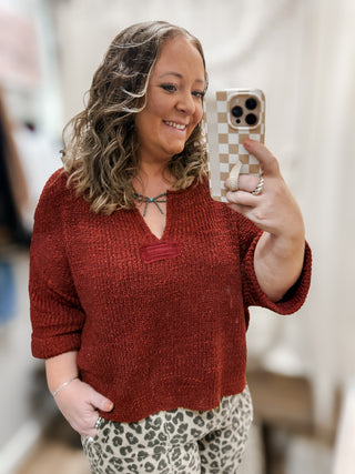 Rust Patch V-neck 3/4 Sleeve Top
