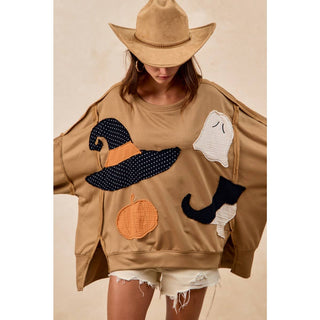 Camel Halloween patchwork sweatshirt styled with cutoff shorts and felt hat