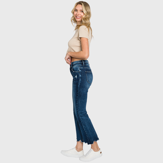 Dark wash crop bootcut jeans, side view