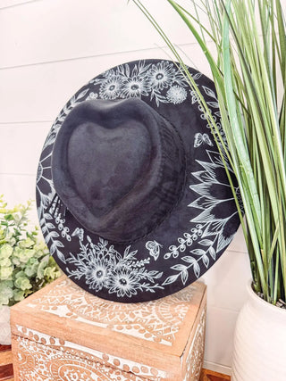 Floral print heart hat in vegan suede, charcoal and black options
