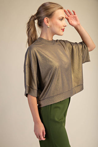 Camel Textured Knit Crew Neck Top
