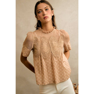 Polka Dot Print Lace Trim Short Sleeve Cotton Blouse Top