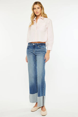 Kan Can mid rise wide flare cuffed hem dark stone wash jeans, photo 2