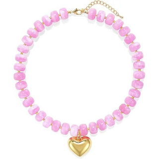 Colorful Resin Bead Necklace with Gold Heart-Shaped Pendant