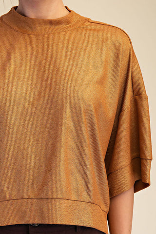 Camel Textured Knit Crew Neck Top