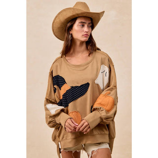 Camel Halloween patchwork French terry sweatshirt, drop shoulder detail