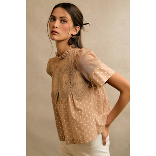 Polka Dot Print Lace Trim Short Sleeve Cotton Blouse Top