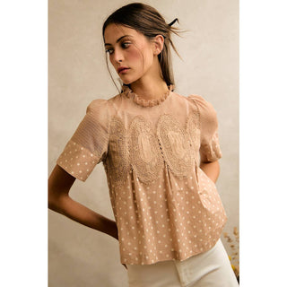 Polka Dot Print Lace Trim Short Sleeve Cotton Blouse Top