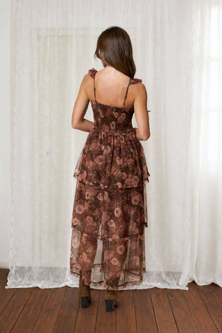 Floral Chiffon Ruffle Tiered Corset Maxi Dress