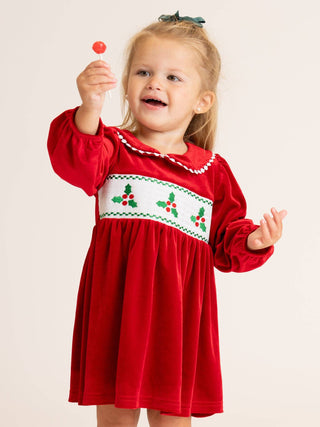 Girls ruby red velvet smocked holly Christmas dress, photo 3