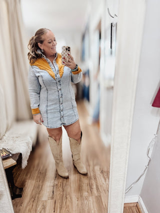 Acid Wash Denim Concho Suede Studded Yoke