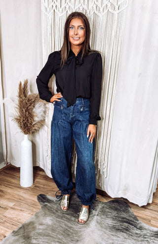 Ankle Drawstring Wide Denim Jeans