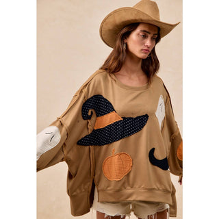 Oversized camel Halloween patchwork sweatshirt with felt hat, front view