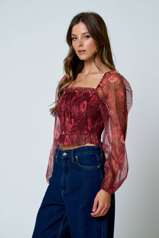 Floral Chiffon Smocked Long Sleeve Top