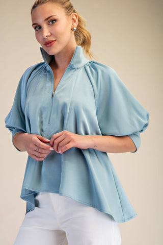 Blue Satin Puff Sleeve Mock Neck Zipper Blouse