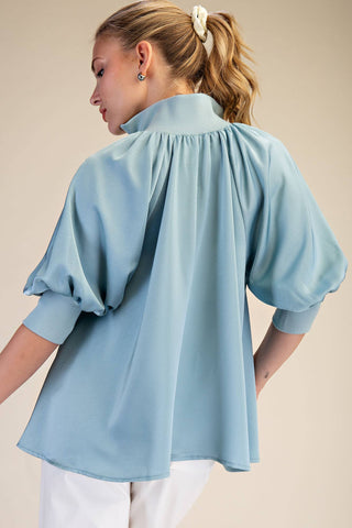 Blue Satin Puff Sleeve Mock Neck Zipper Blouse