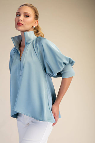Blue Satin Puff Sleeve Mock Neck Zipper Blouse