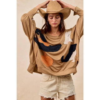 Camel Halloween patchwork sweatshirt, styled closer view