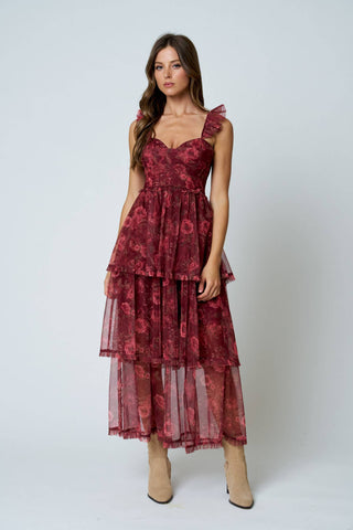 Floral Chiffon Ruffle Tiered Corset Maxi Dress